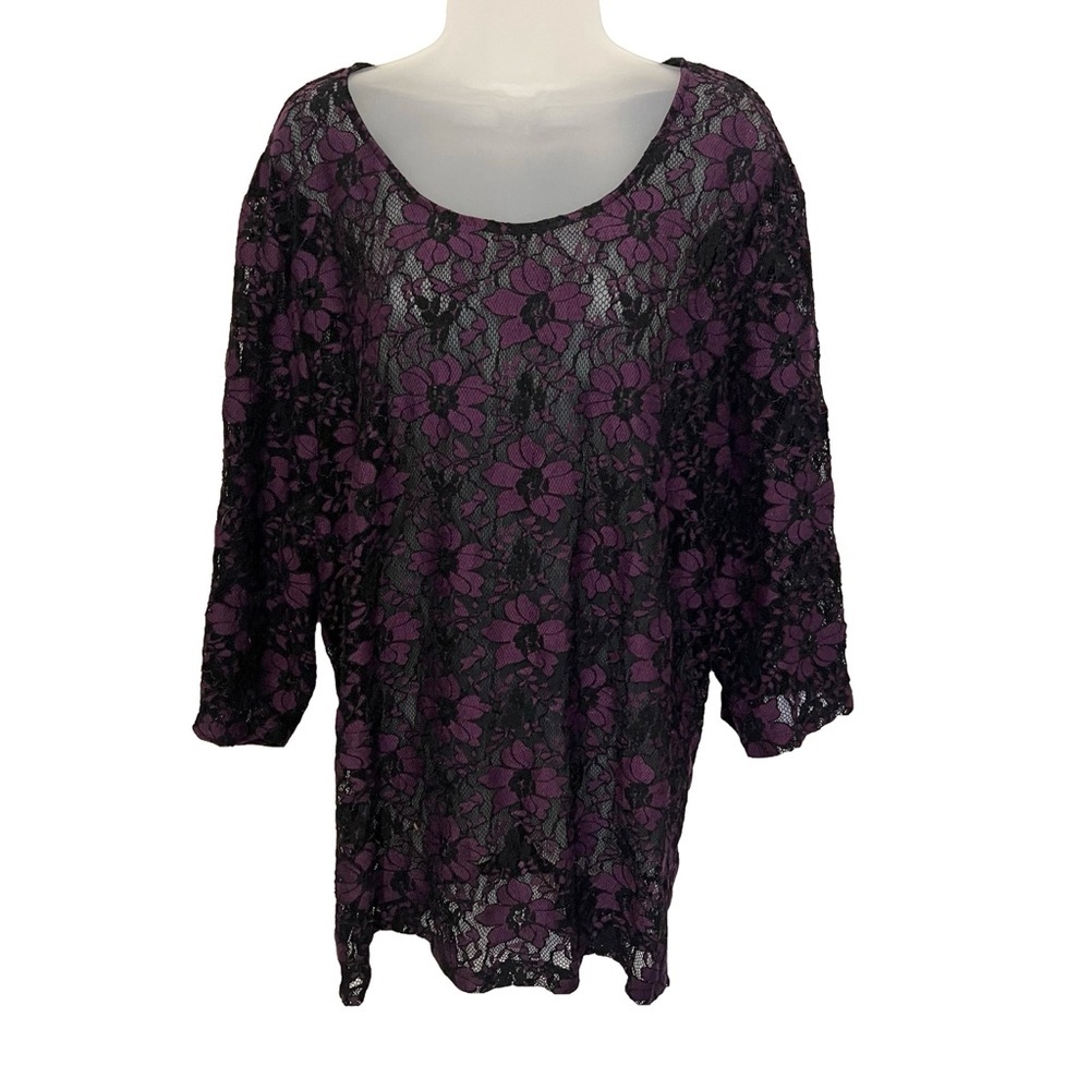 Catherines Top 4X Purple Black Lace Sheer 3/4 Sleeve Whimsygoth Romantic Sheer